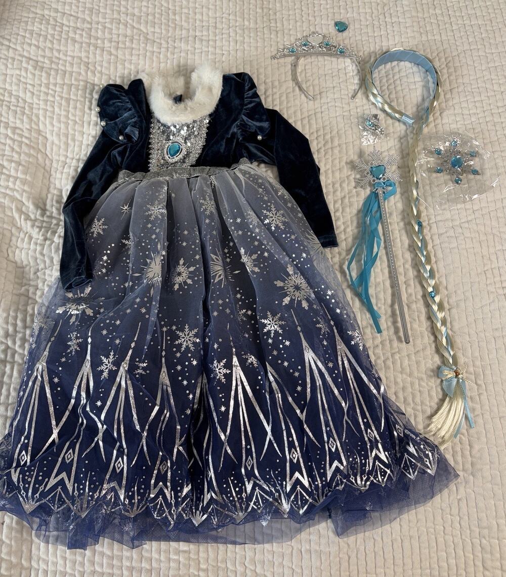 Fuyimei Girls 110 4-5T Ice Snow Princess Costume Dress Tiara Wand Braid Set